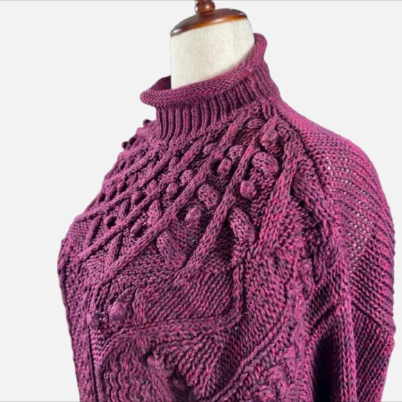 VTG Gina Peters Burgundy Cable Knit Roll Neck Bobble Sweater (Size M) - Picture 2 of 13